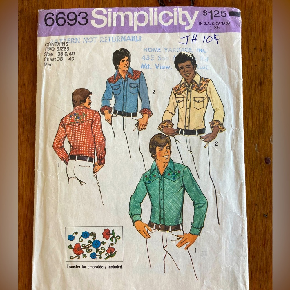 Vintage 1970s Men’s Simplicity Western Shirt Pattern Sizes 38 and 40